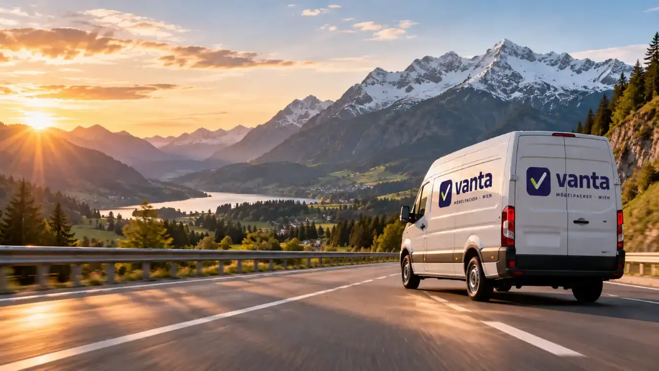 Umzugswagen von Möbelpacker Vanta auf der Autobahn durch die Alpen