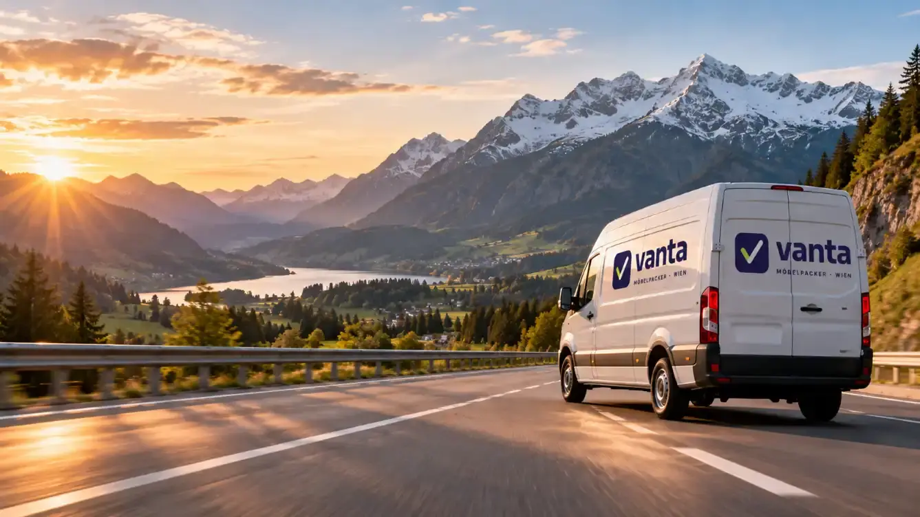 Vanta-Umzugswagen auf der Autobahn in den Alpen