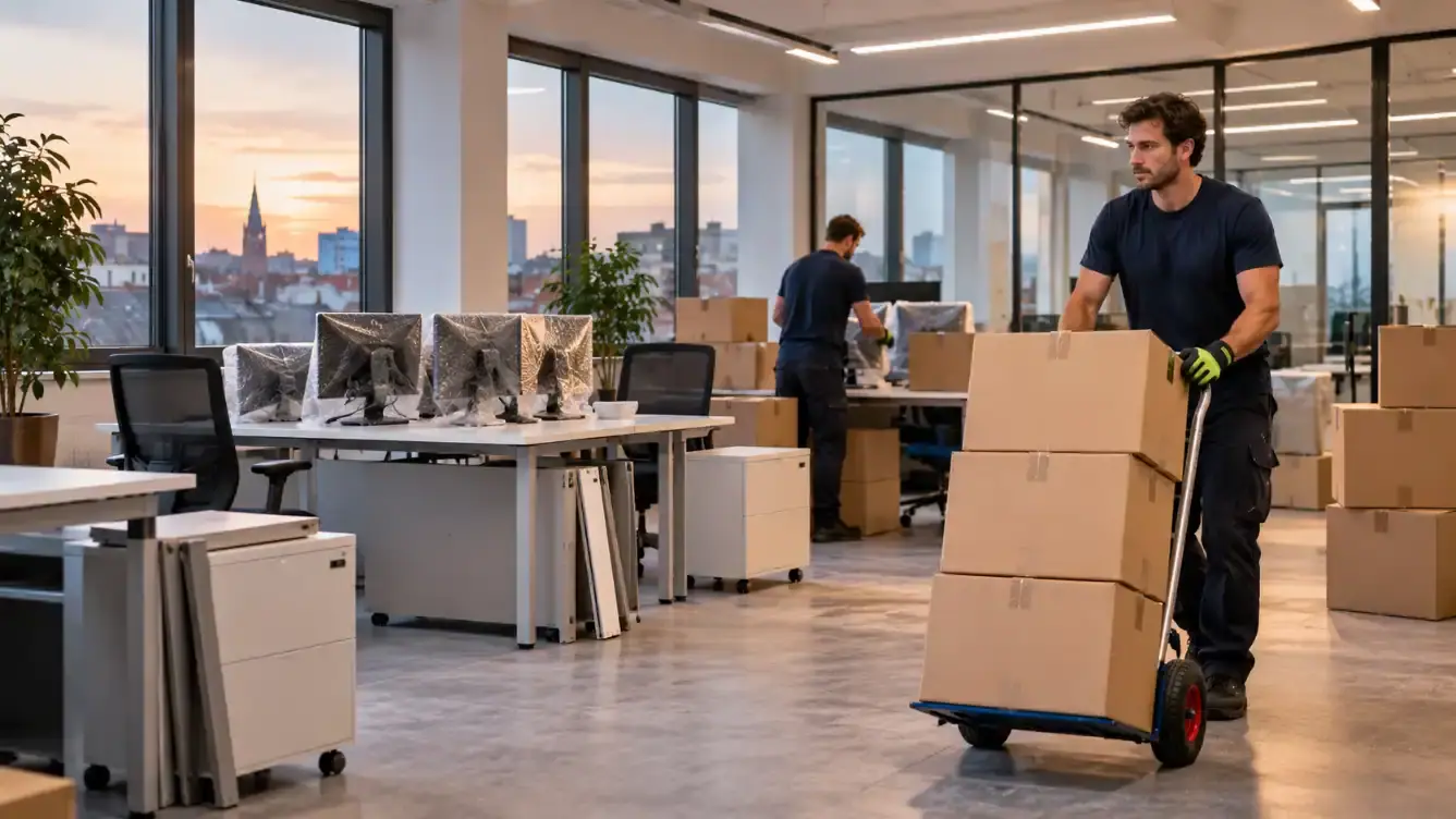 Umzugskartons auf der Sackkarre in einem Büro