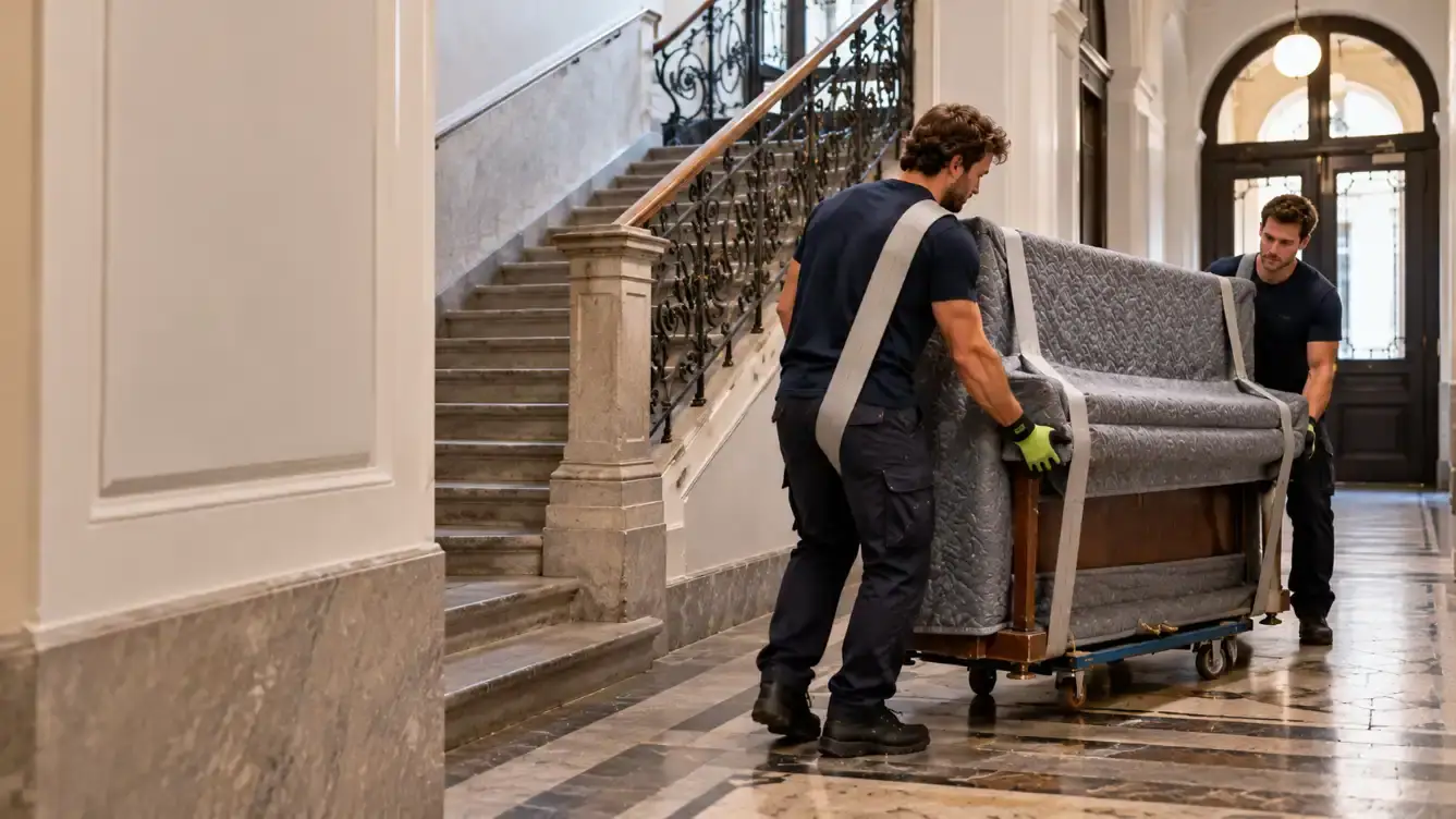 Zwei Möbelpacker tragen ein Klavier durch ein Stiegenhaus