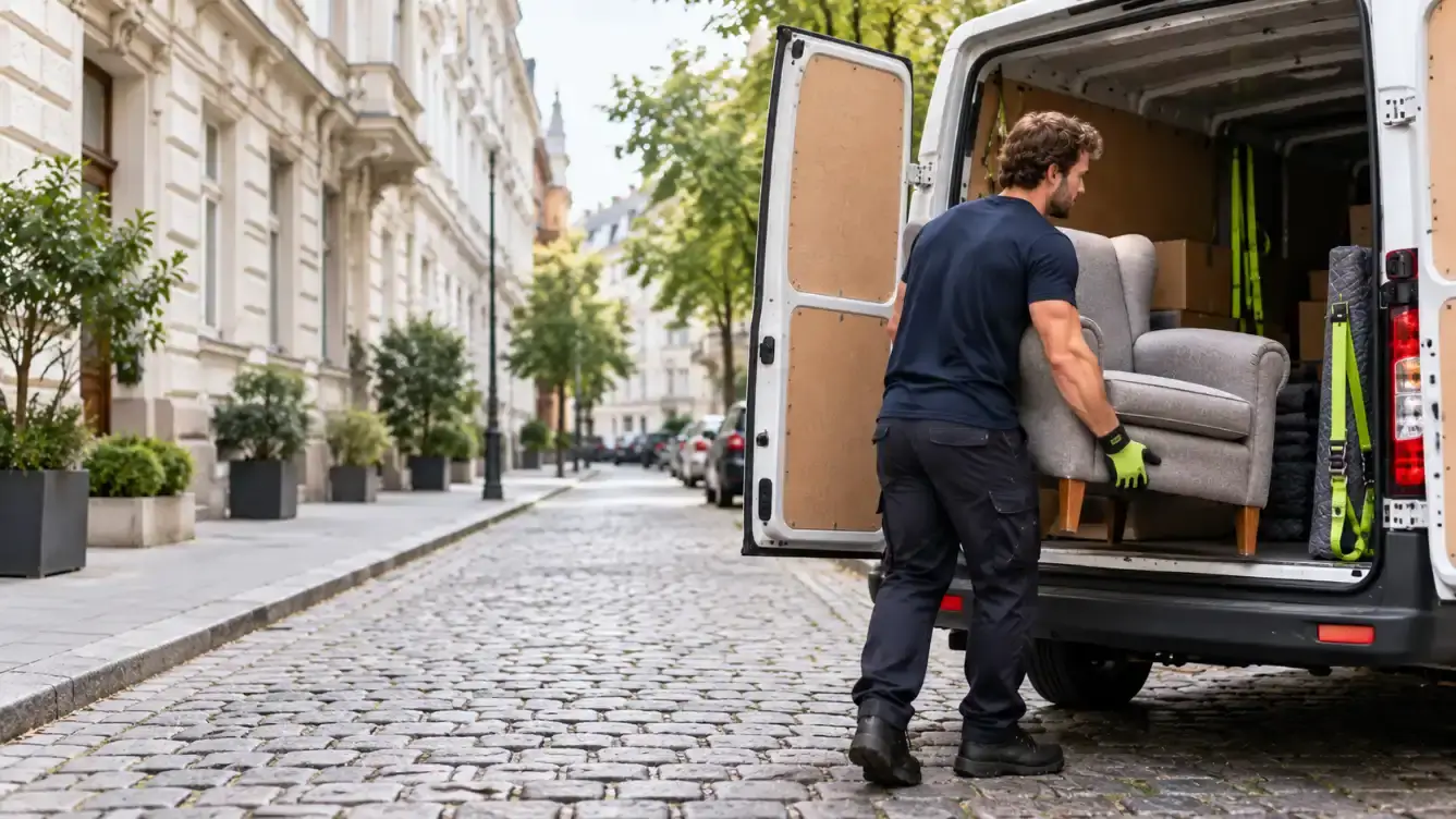 Möbelpacker lädt einen Sessel in einen Transporter