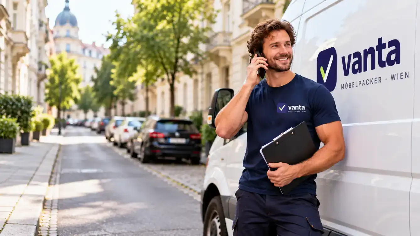 Möbelpacker von Vanta telefoniert neben dem Umzugswagen in einer Wiener Straße