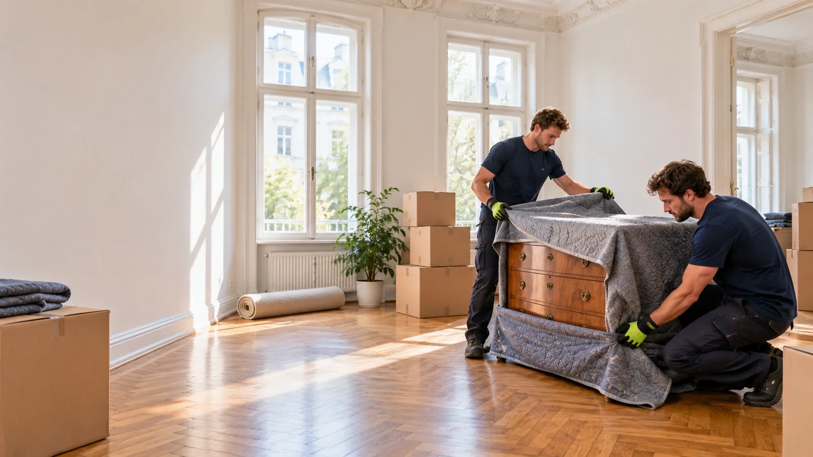 Zwei Möbelpacker verpacken eine Kommode in einer hellen Wiener Altbauwohnung